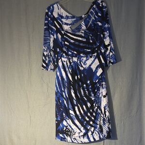 Kay Unger Abstract Blue and White Long Sleeve Dress